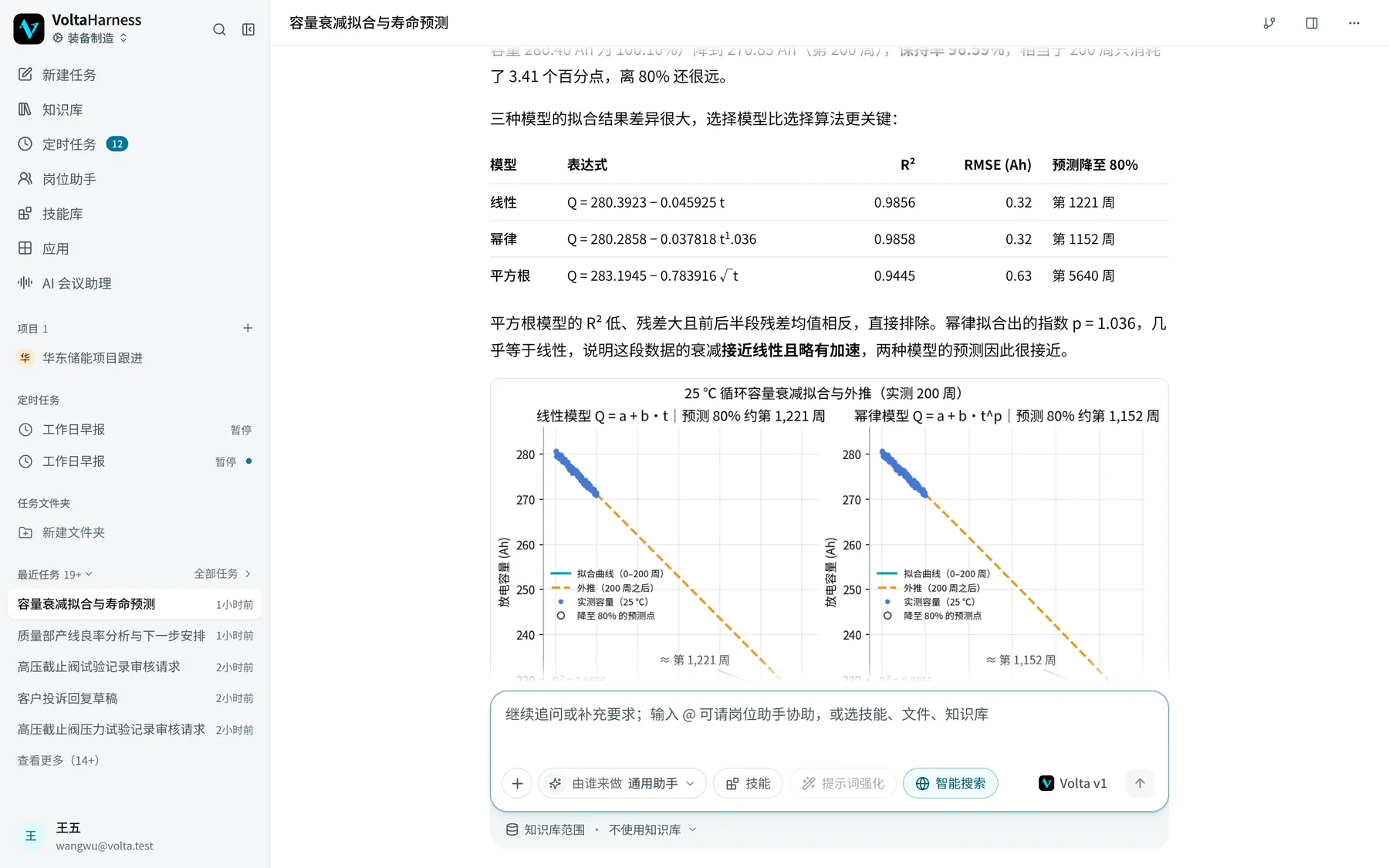 沙箱计算：三种模型拟合容量衰减，外推降到 80% 的循环周数
